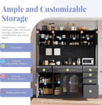 Large Pantry Cabinet with Hutch and Adjustable Shelves, Freestanding Coffee Bar Storage Cabinet with Drawers, Pegboard and Power Outlet for Kitchen, Dining Room (Black)
