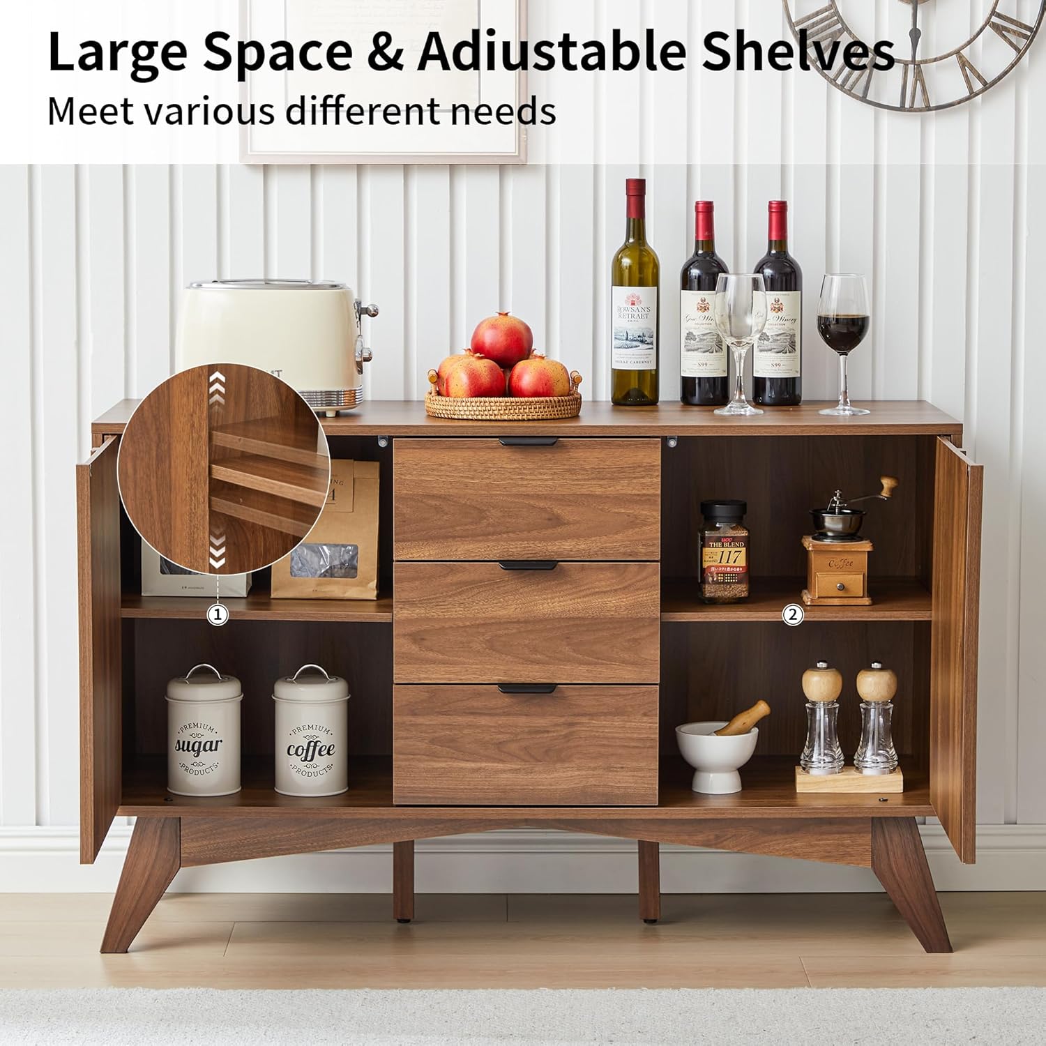 Bifins Buffet Cabinet with Storage, 47.2" Storage Cabinet with 3 Drawers, Large Sideboard with 2 Doors,Mid Century Modern Coffee Bar Cabinets for Living Room, Kitchen