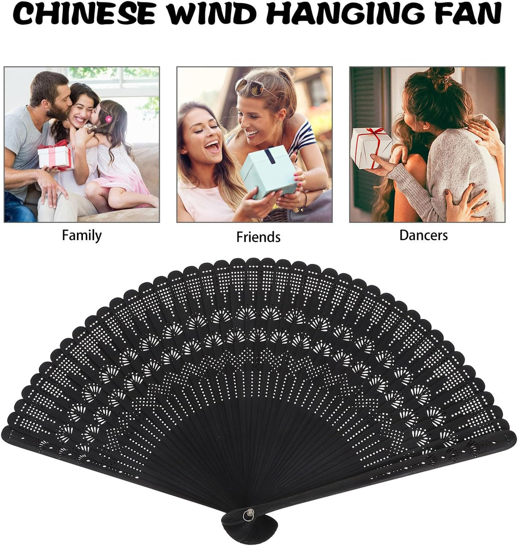 NUOBESTY Bamboo Folding Fan 12.5 Inch Vintage Hand Held Fan for Women Portable Foldable Hand for Summer Weddings Parties and Home Decoration (Black)