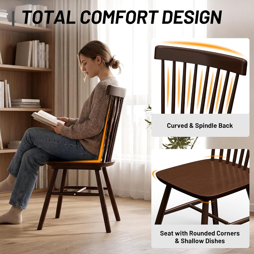 AreShark Windsor Dining Chairs, Farmhouse Wooden Dining Room Chairs, Solid Wood Kitchen Chairs with Spindle Back Set of 4, Brown
