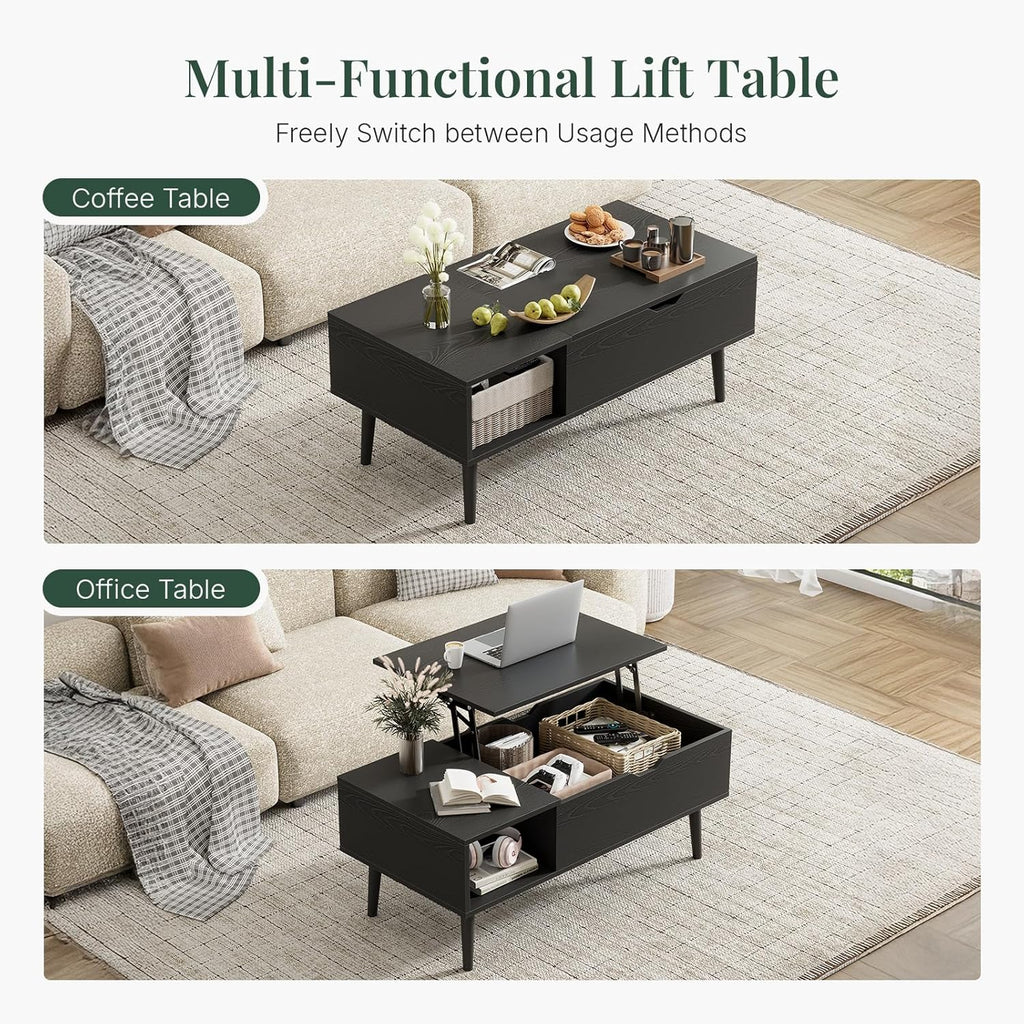 Wood Lift Top Coffee Table with Hidden Storage Compartment & Open Shelf, Multi-Functional Wooden Tabletop Dining Table for Living Room, Home Small Space