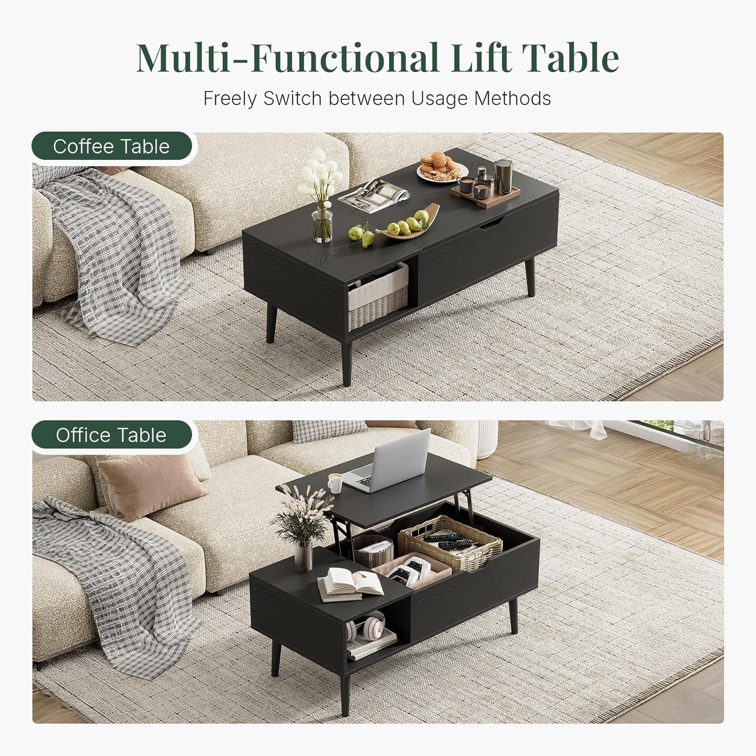 Wood Lift Top Coffee Table with Hidden Storage Compartment & Open Shelf, Multi-Functional Wooden Tabletop Dining Table for Living Room, Home Small Space