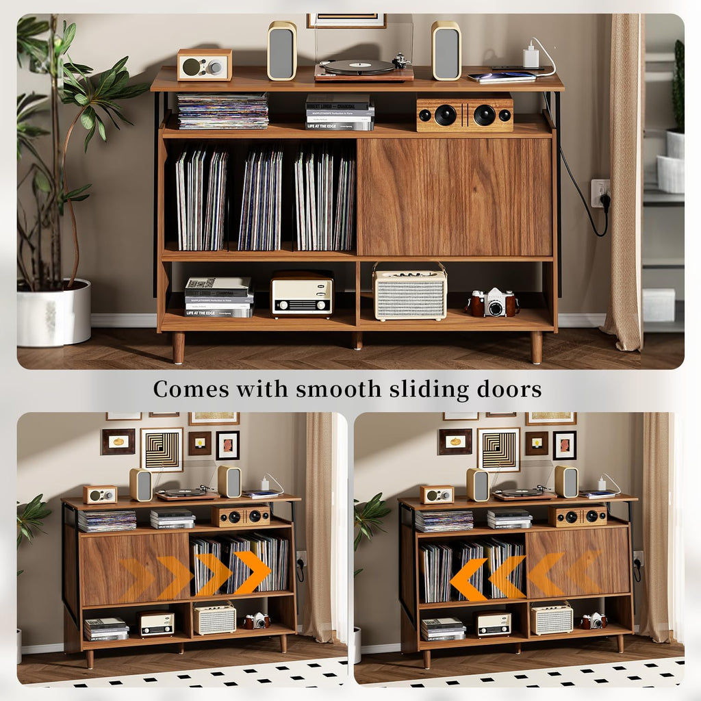 Large Record Player Stand with Charging Station, Vinyl Record Stand with Storage Holds Up to 150 Albums, Record Player Table Cabinet Turntable Stand for Living Room, Bedroom (Walnut)