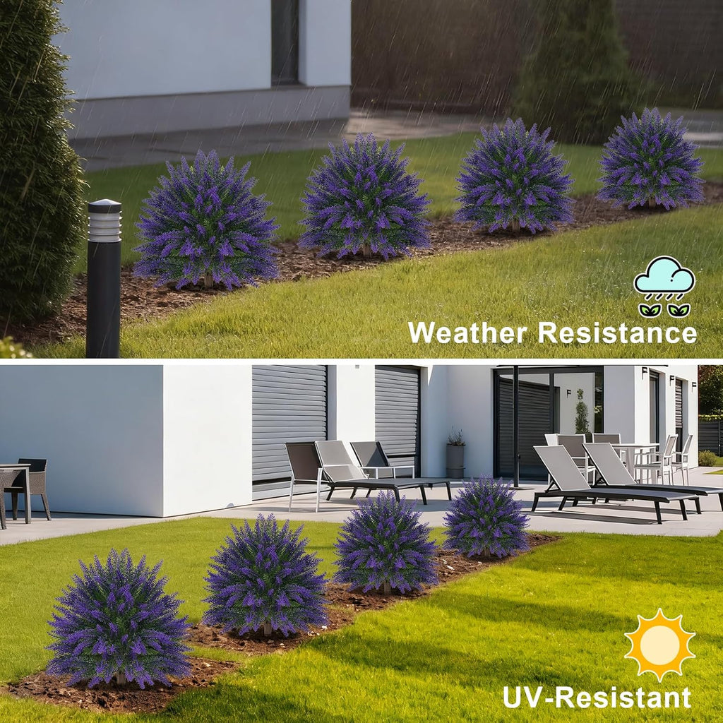 Artificial Lavender Topiary for Outdoors 2 Set of 16'' UV Resistant Evergreen Fake Shrubs Bushes with Ground Spike Topiary Ball Faux Plants for Outdoor Indoor Front Porch Garden