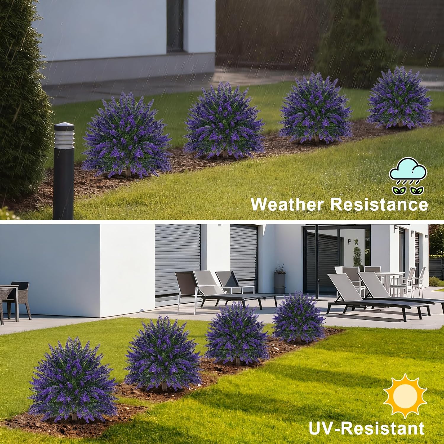 Artificial Lavender Topiary for Outdoors 2 Set of 16'' UV Resistant Evergreen Fake Shrubs Bushes with Ground Spike Topiary Ball Faux Plants for Outdoor Indoor Front Porch Garden