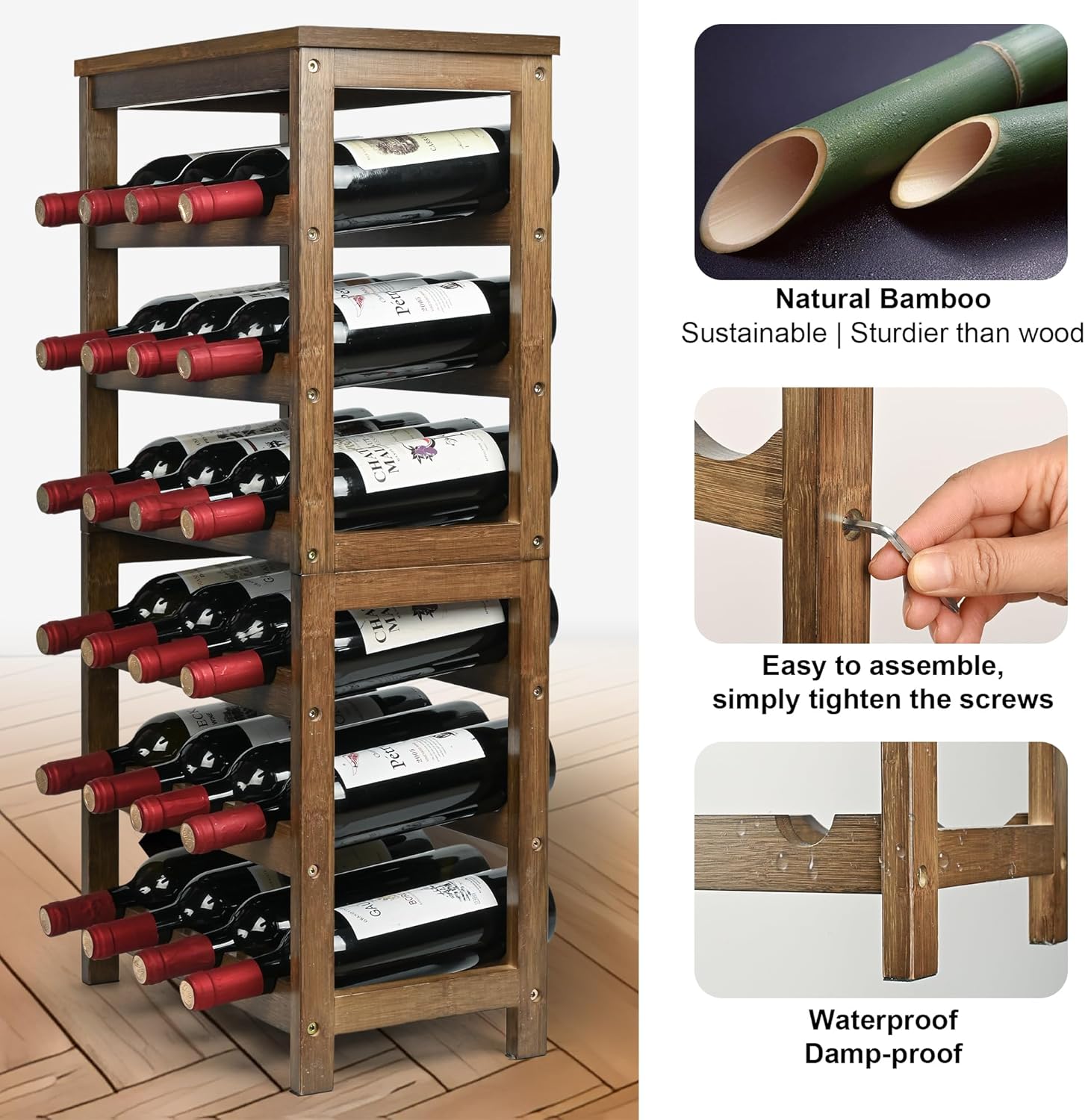 VASMIA Wine Rack Freestanding Floor, 6-Tier Display Wine Storage Shelves with Table Top, 24-Botttle Bamboo Wine Rack Shelf for Kitchen Bar Dining Room Living Room, Walnut