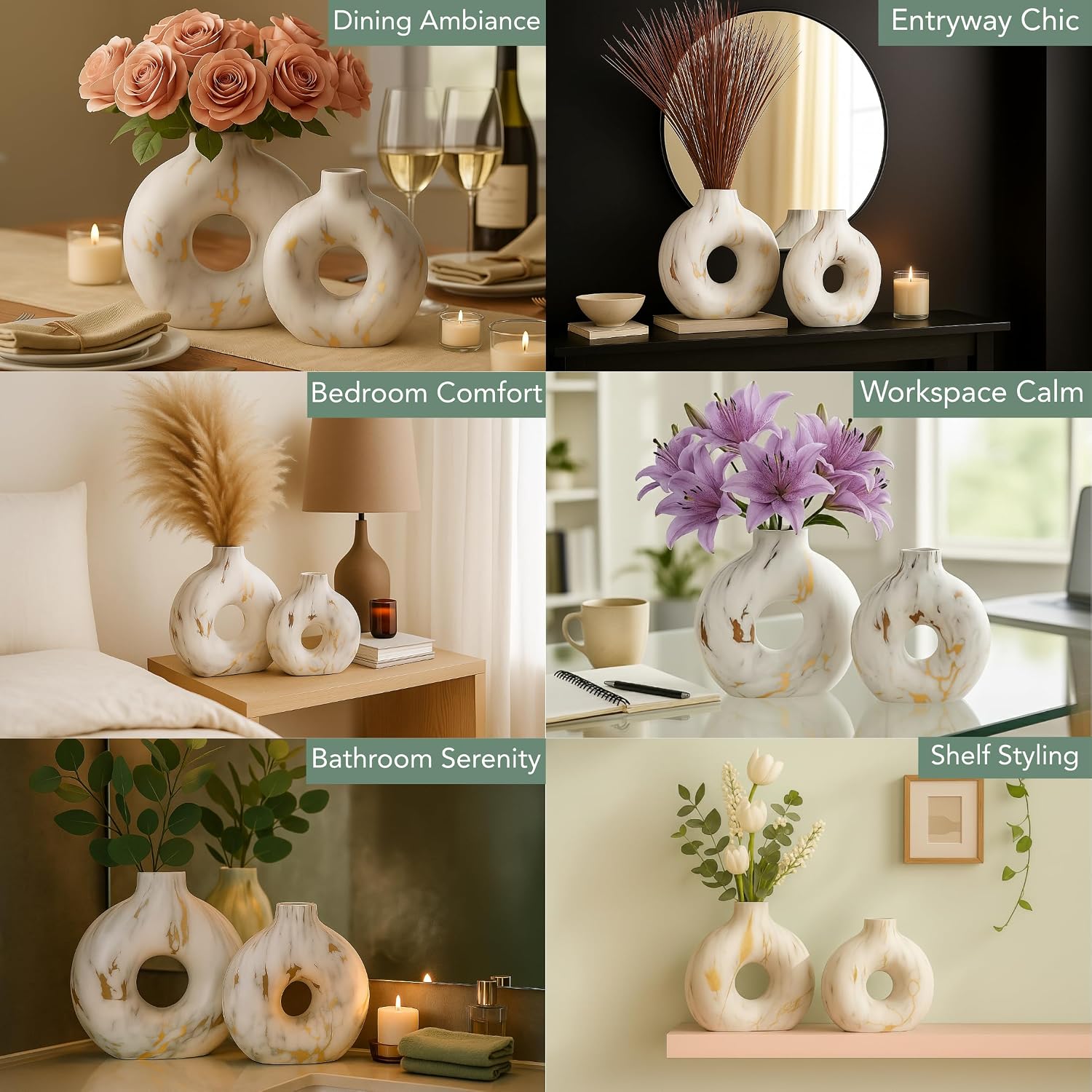 Modern Ceramic Donut Vase Set of 2 - Boho Design White and Gold Marble Pattern Vases for Flowers and Pampas - Elegant Home Decor Centerpieces for Coffee Tables - Entryways - Dining and Living Rooms