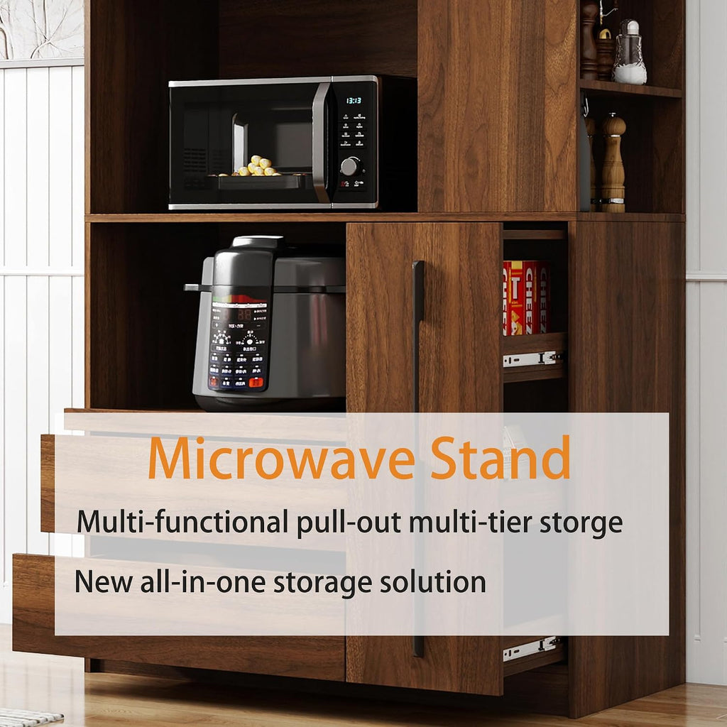 Farmhouse Kitchen Pantry Cabinet, 70.87" Tall Freestanding Cupboard with Multi-Tier Storage Rack and Microwave Stand for Kitchen, Dining Room, Walnut