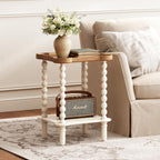 Function Home Square Side Table, 2 Tier Farmhouse End Table with Open Shelf, 17.7" French Country Nightstand for Living Room Bedroom Small Space, Handcraft Natural Tray Top & Vintage White Spindle Leg