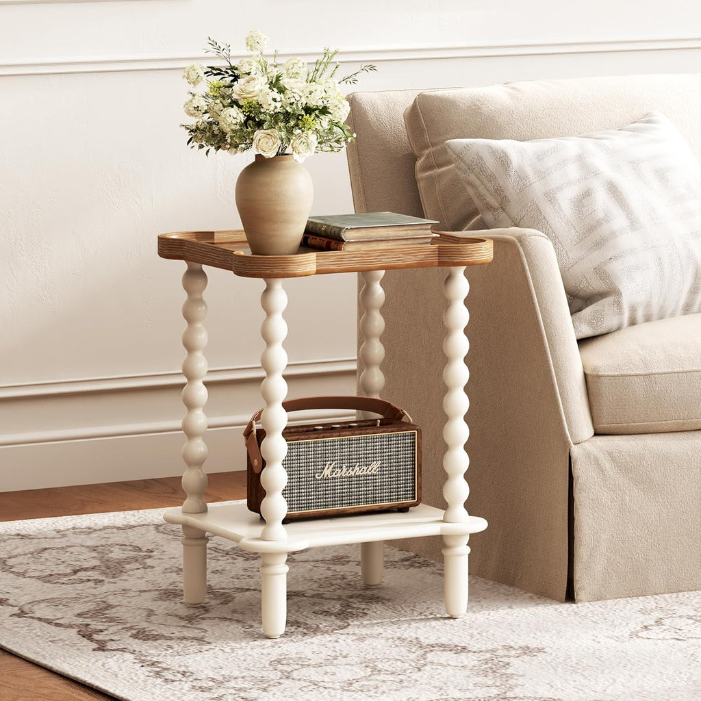 Function Home Square Side Table, 2 Tier Farmhouse End Table with Open Shelf, 17.7" French Country Nightstand for Living Room Bedroom Small Space, Handcraft Natural Tray Top & Vintage White Spindle Leg