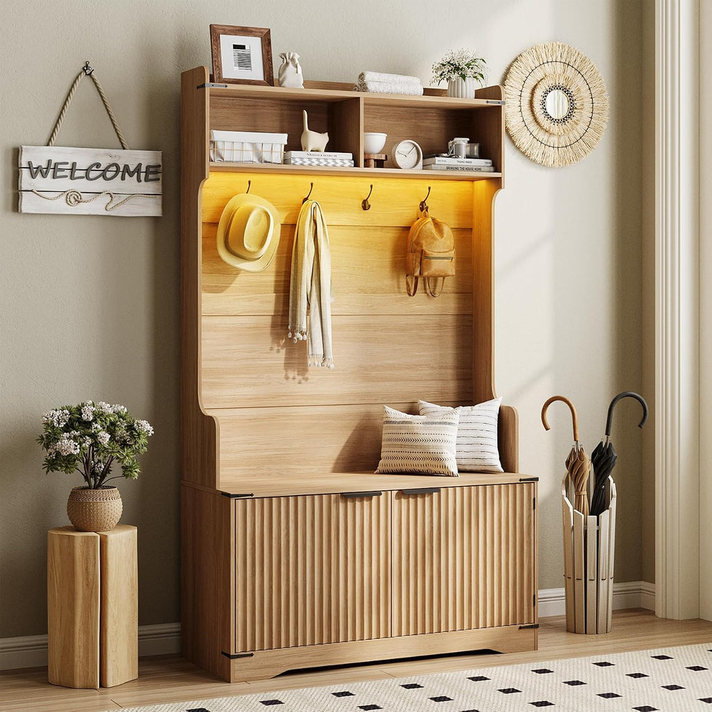 Maupvit 5-in-1 Entryway Hall Tree with Bench and Shoe Storage, Oak | Modern Coat Rack with Fluted Shoe Bench,LED Sensor Light, Adjustable Shelves & Flip Drawers,for Mudroom, Hallway, Living Room