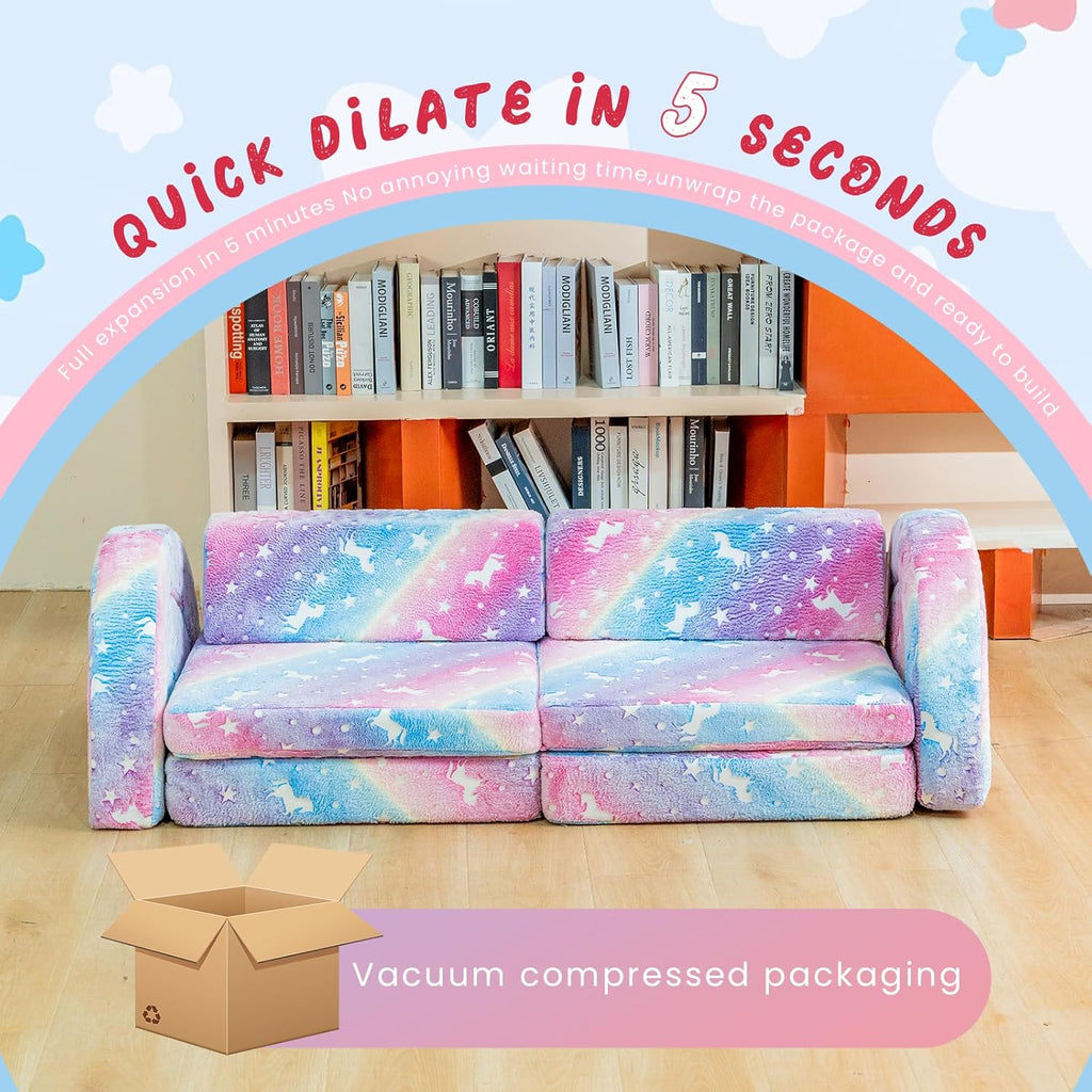 10Pcs Modular Kids Play Couch Glow, Convertible Play Fort Kids Couch, Instant Rebound 28D Foam Toddler Couchs, Kid Sofa for Playroom, Bedroom Furniture, Colorful and Unicorn