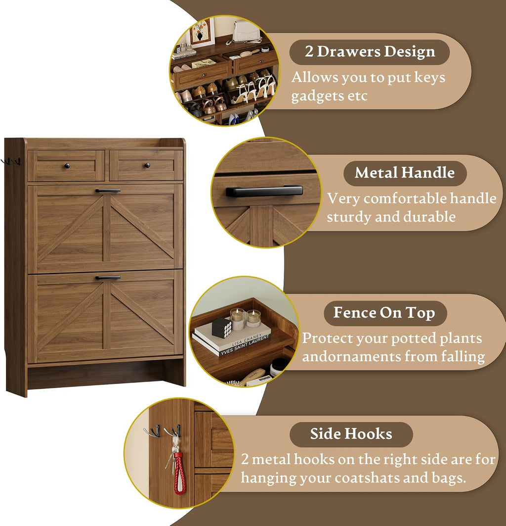 BORNOON Shoe Storage Cabinet for Entryway, Farmhouse Narrow Shoe Cabinet with 2 Flip Drawers & Top Drawers, Adjustable Shelves & Hooks, Freestanding Hidden Rack Organizer for Hallway, Foyer
