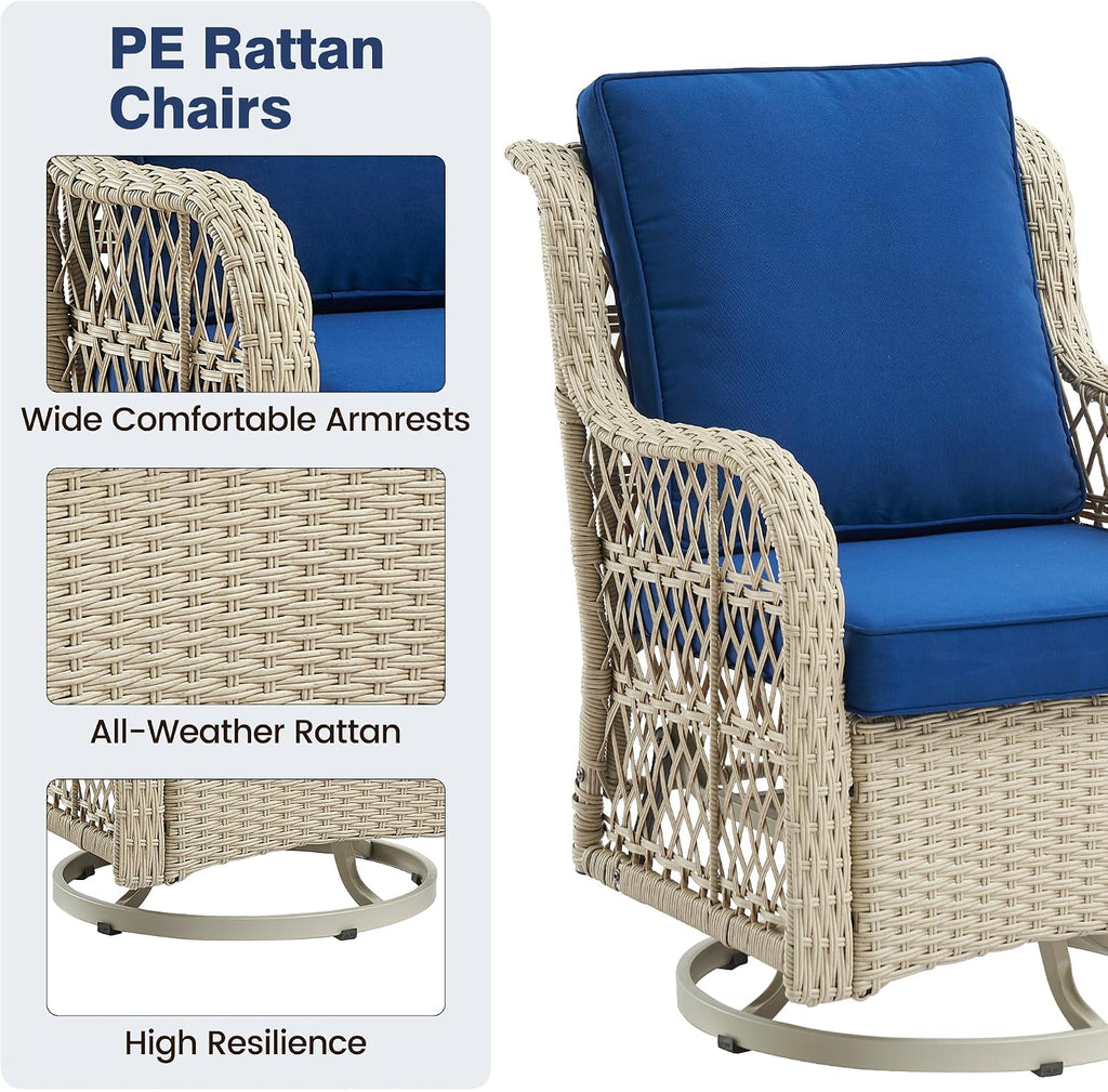 GarveeHome 3 Piece Outdoor Swivel Chair Set with Washable Cushions, 360 Degree Rotating Patio Armchairs, Iron Frame with Rattan Weaving, Compact Seating for Balcony Deck Garden, 4 Color Options