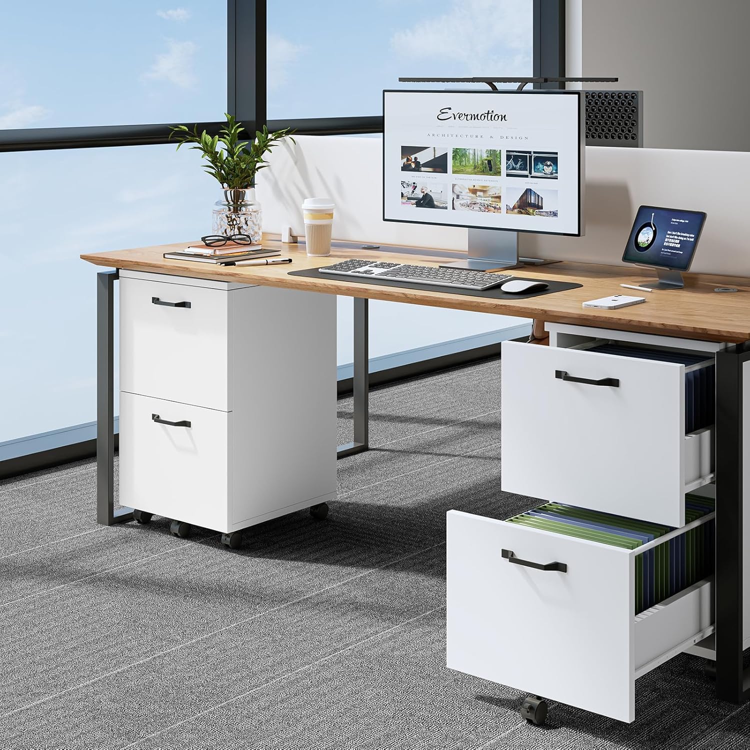 Sweetcrispy 2-Drawer Rolling File Cabinet, Wood Under Desk Storage with Lockable Wheels, Mobile Printer Stand & Home Office Organizer for Documents and Office Supplies, White