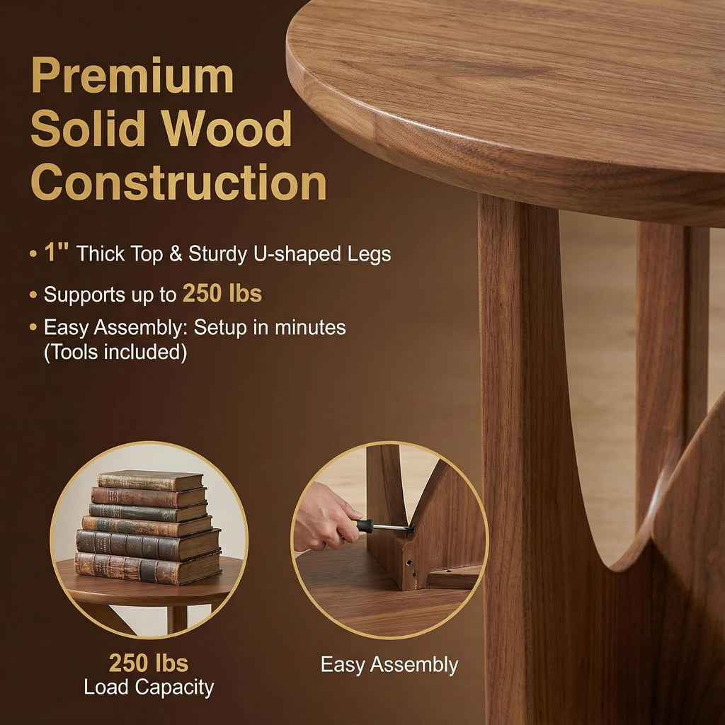 Solid Wood Round Side Table with Battery-Operated Light, Mid-Century Modern End Table, Light Walnut Nightstand for Bedroom & Living Room, 19” x 20”