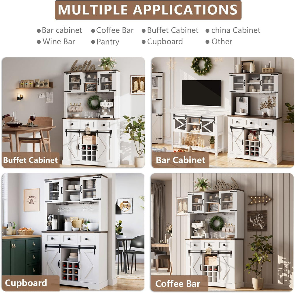 72" Kitchen Pantry Storage Cabinet with Hutch and Sliding Barn Door, Farmhouse Tall Buffet Cabinet with Drawers, Large Coffee Bar with Wine & Glasses Rack, for Home Living Room, White