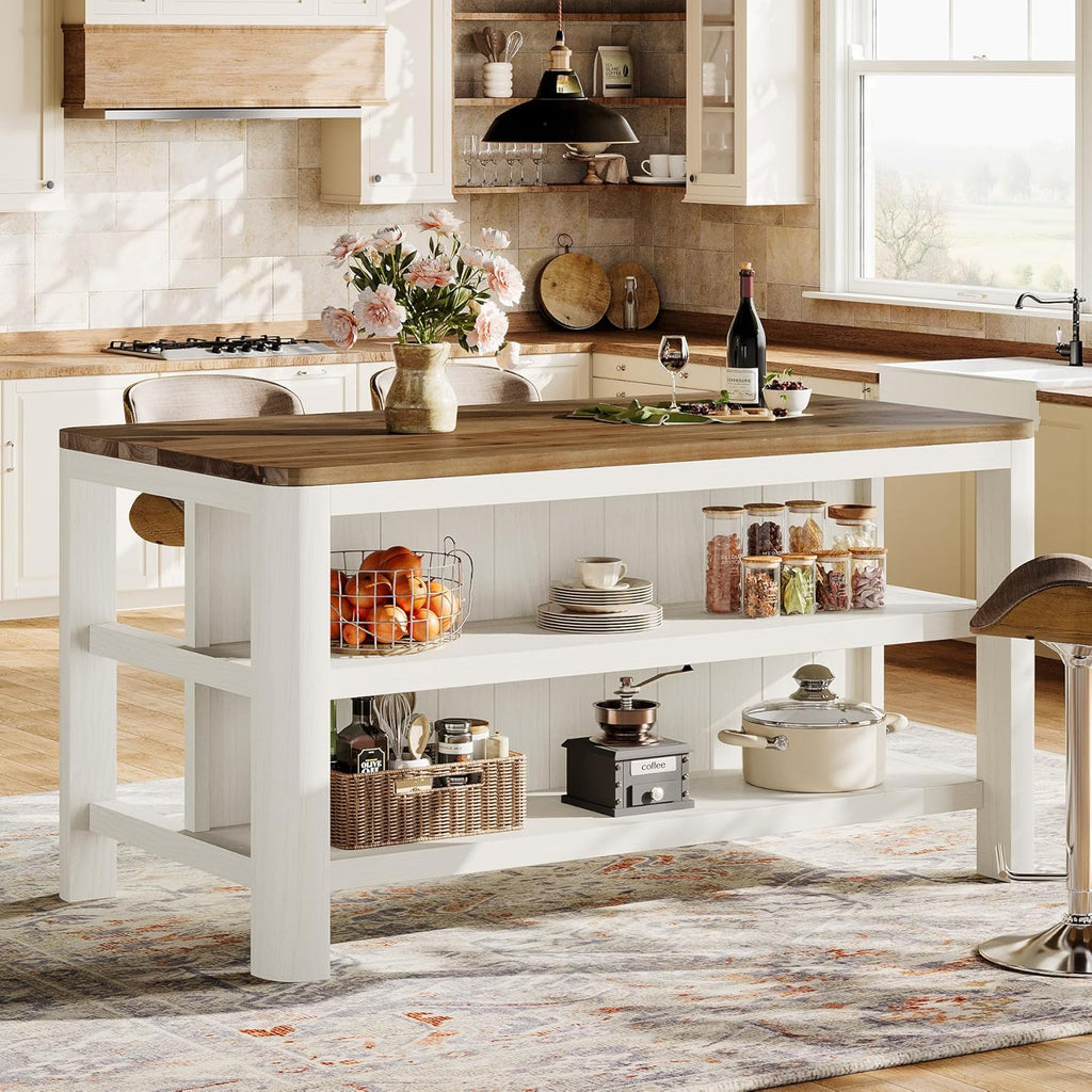 63-Inch Solid Wood Kitchen Island with Storage Shelves, Farmhouse Island Table with Seating, Counter Height Bar Table for Dining Room, Kitchen, Easy to Assemble, White and Brown