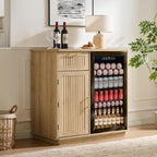 Okvnbjk Mini Fridge Cabinet with Storage & Power Outlet, Oak | Coffee Bar Cabinet with Fridge Space, Fluted Bar Cabinet for Living Room, Dining Room, Dorm