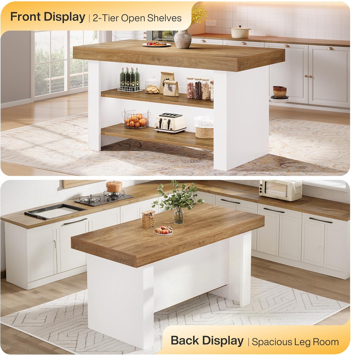 Tribesigns 55-Inch Kitchen Island with Storage, Farmhouse Center Island Table for Kitchen, Dining Room, Living Room (1, Brown and White)