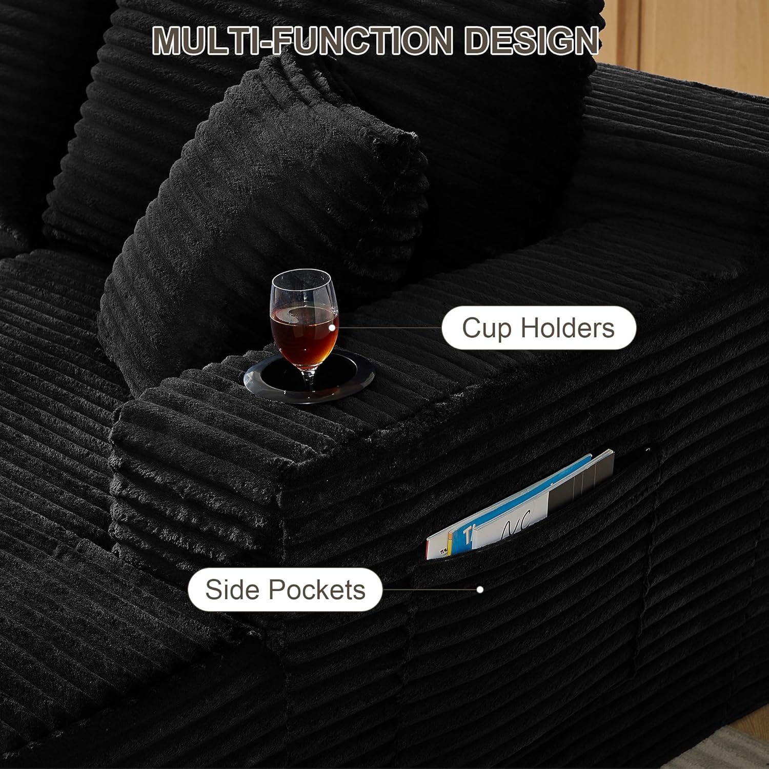Tmsan 133.5" Black Boneless Sectional Sofa Couches for Living Room, Oversized U Shaped Cloud Modular Set with Cup Holders & Side Pockets & Deep Seat, Comfy Corduroy Foam Compressed No Assembly