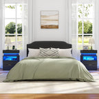 Night Stand with Wireless Charging Station, Black Bedside Table with Hidden Gun Drawer & LED Lights, Modern End Table with 2 Drawers, Fluted Nightstands with Open Storage Shelf for Bedroom