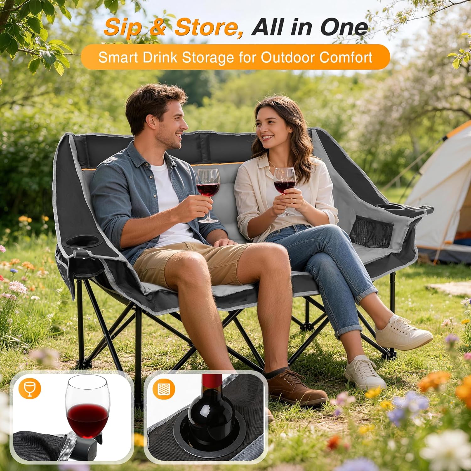 Suteck Double Camping Chair, 660lbs Oversized Camping Couch w/Independent Seats, Folding Camping Loveseat w/2 Cup & Wine Glass Holders, 1200D Oxford, Side Pocket & Carry Bag, for Camping, Lawn, Patio