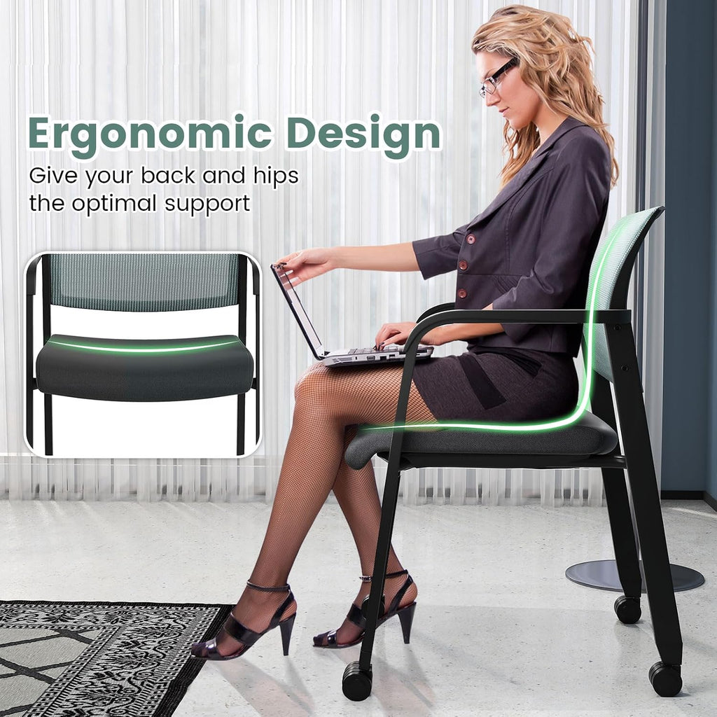 Tangkula Rolling Conference Room Chairs Set of 10, Stackable Office Guest Mesh Chairs with Armrests and Wheels, Ideal for Waiting Room Office, School, Lobby (Grey)