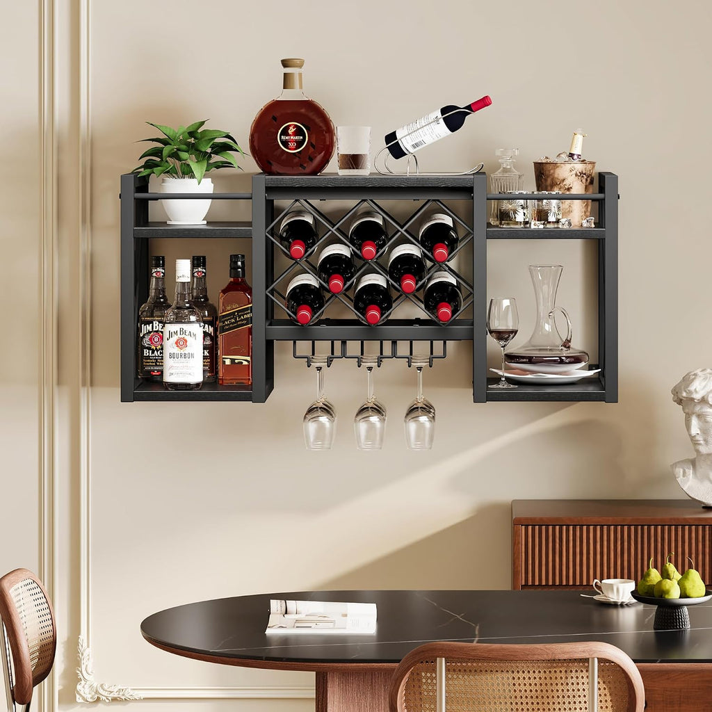 Wall Mounted Wine Rack with Glass Holder, Wood-Metal Retro Bar Shelf, Wine Bottles Display Wall Storage for Kitchen Dining Room Home Bar, Black