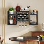 Wall Mounted Wine Rack with Glass Holder, Wood-Metal Retro Bar Shelf, Wine Bottles Display Wall Storage for Kitchen Dining Room Home Bar, Black