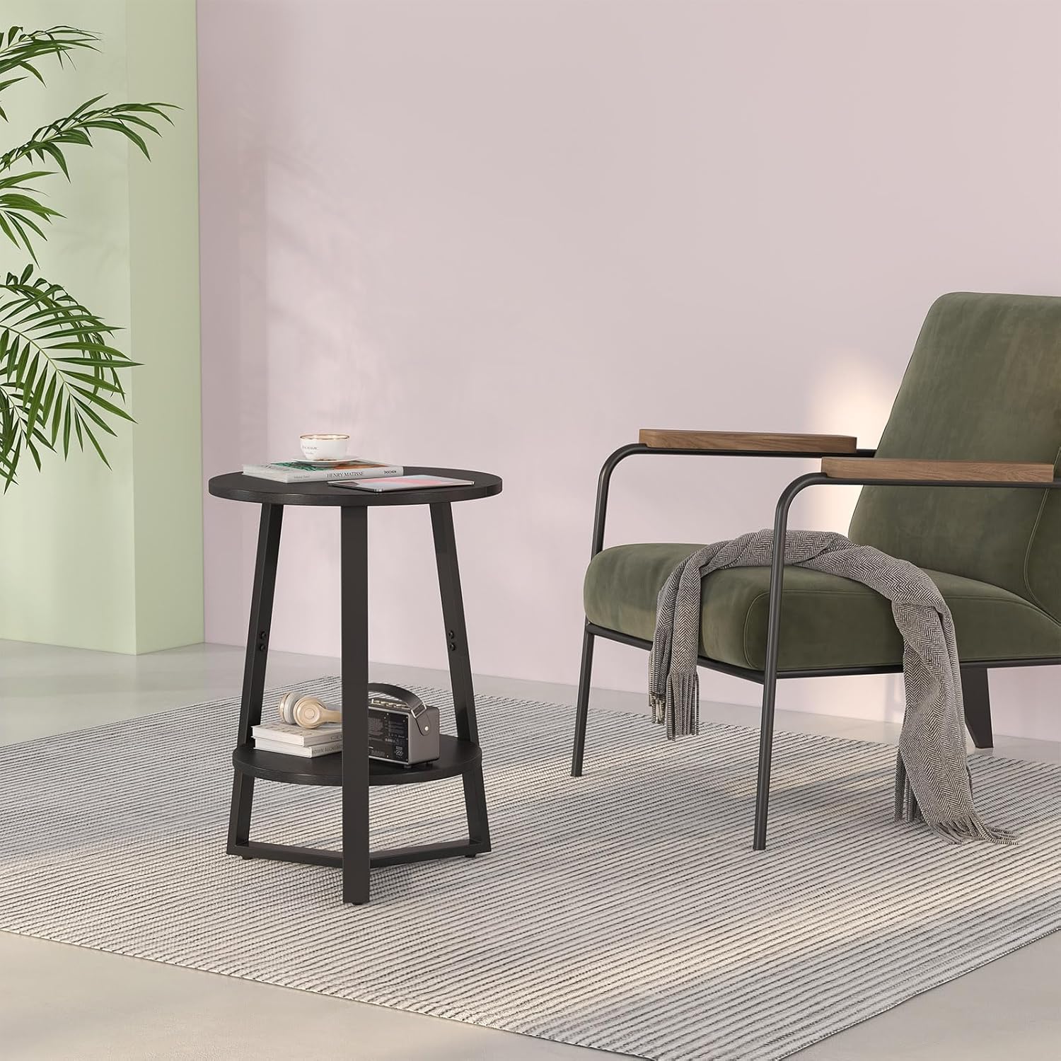 sthmec Small Round End Table, 2 Tier Side Table with Storage Shlef,Coffee Table Wooden Tabletop & Metal Frame,Round Accent Table Small Nightstands Couch Tables for Bedroom,Livingroom, Black