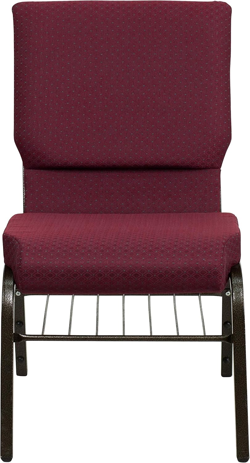 Flash Furniture 4 Pack HERCULES Series 18.5''W Church Chair in Burgundy Patterned Fabric with Book Rack - Gold Vein Frame