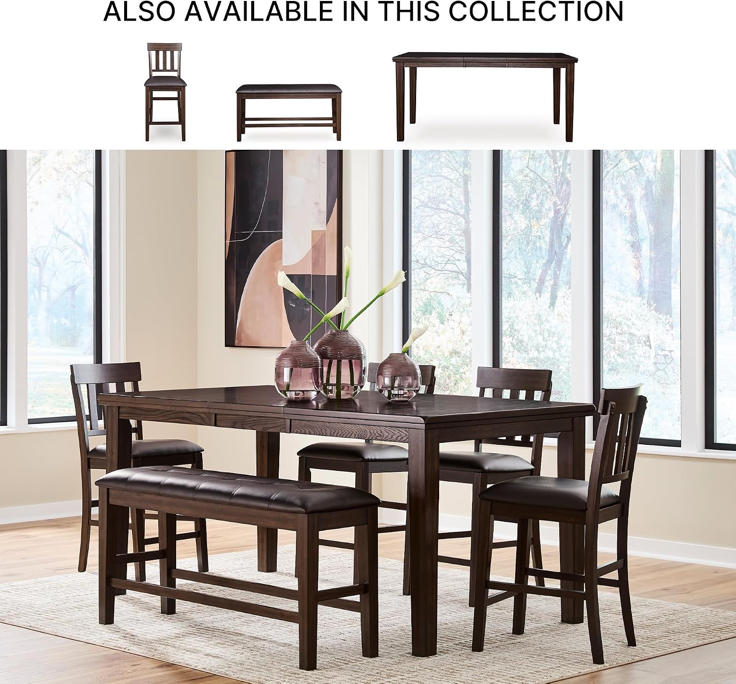 Signature Design by Ashley Haddigan Casual Counter Height Dining Extension Table with Distressed Finish, Dark Brown
