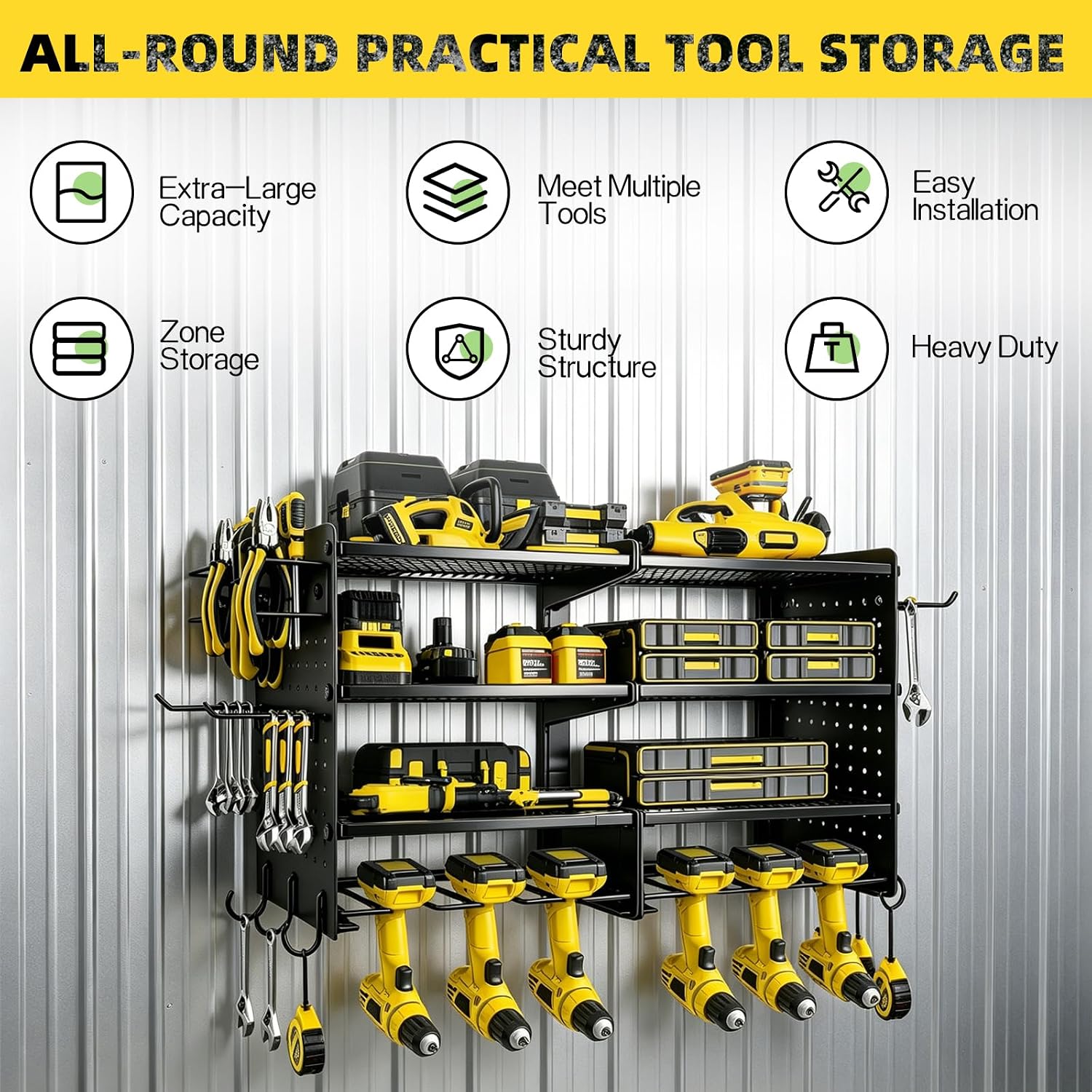 Power Tool Organizer Wall Mount, 4 Tier Heavy Duty Tool Storage Rack, 400 LBS Capacity with Drill Tools Holder & Hooks, Tool Organizers and Storage for Garage, Warehouse, Workshop, Gifts for Men