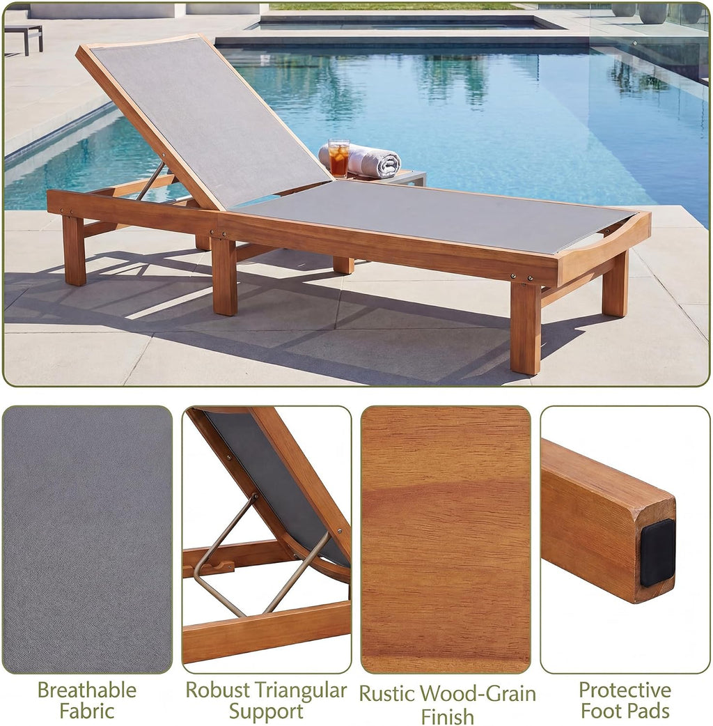 COSTWAY Set of 2 Patio Wood Chaise Lounge Chair, Strong Eucalyptus Wood Frame, 5-Position Adjustable Outdoor Recliner with White Mesh (Grey)