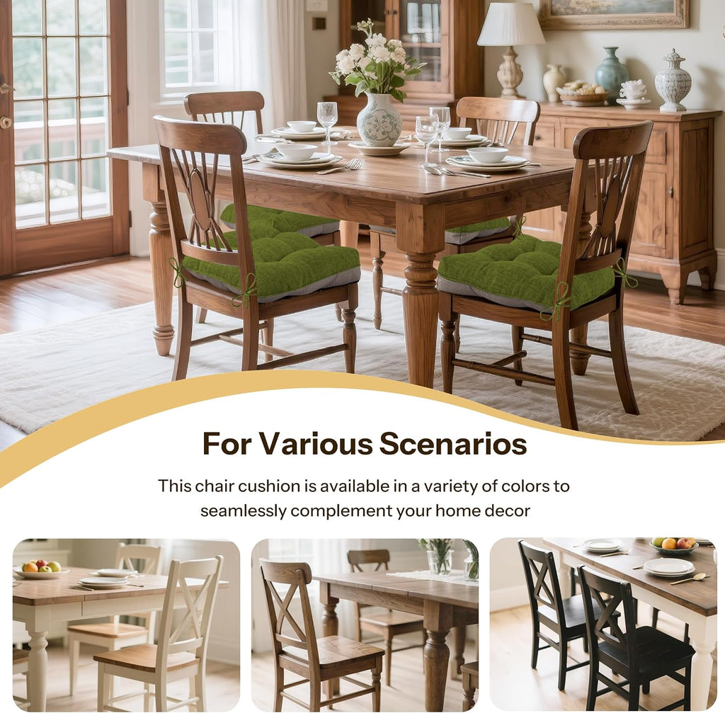 Non-Slip Chair Cushions for Dining Chairs Set of 4 Thick Kitchen Chair Pads Dining Room Seat Cushion with Ties 16" x 16" x 4" Olive Green