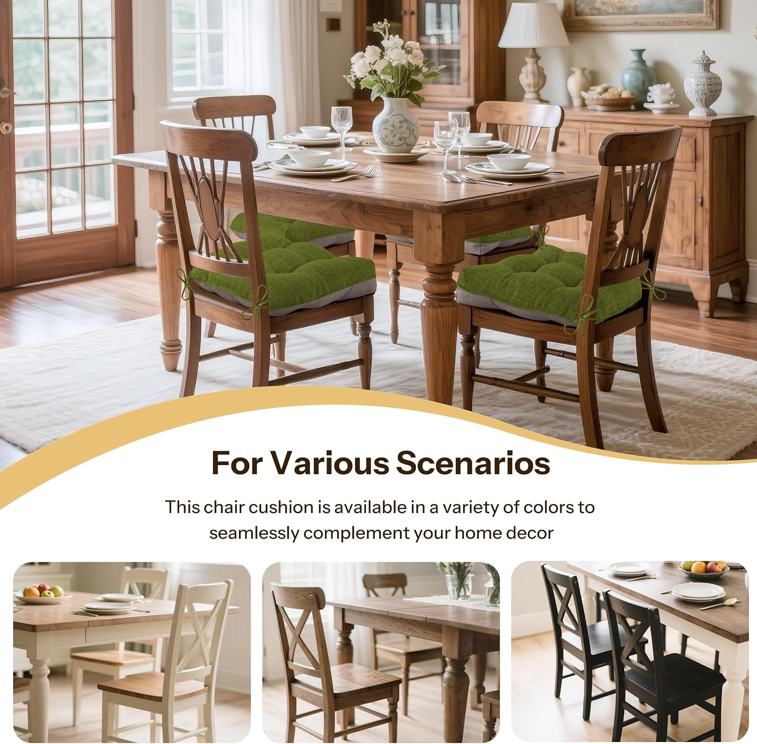 Non-Slip Chair Cushions for Dining Chairs Set of 4 Thick Kitchen Chair Pads Dining Room Seat Cushion with Ties 16" x 16" x 4" Olive Green
