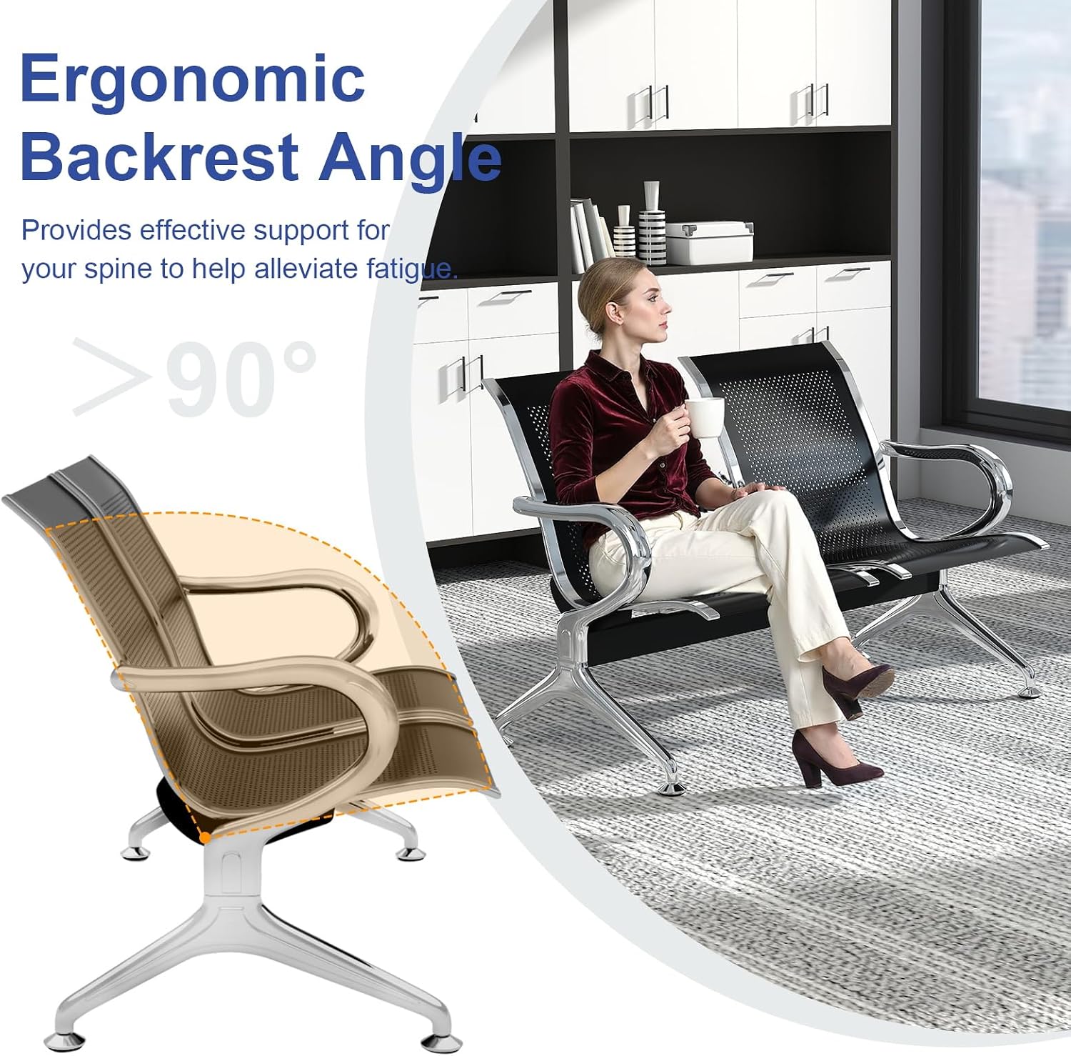 KINTNESS Airport Waiting Chair Reception Bench - Set of 2 Visitor Guest Sofa for for Salon Airport Bank Hospital Market, 2-Seat, Black
