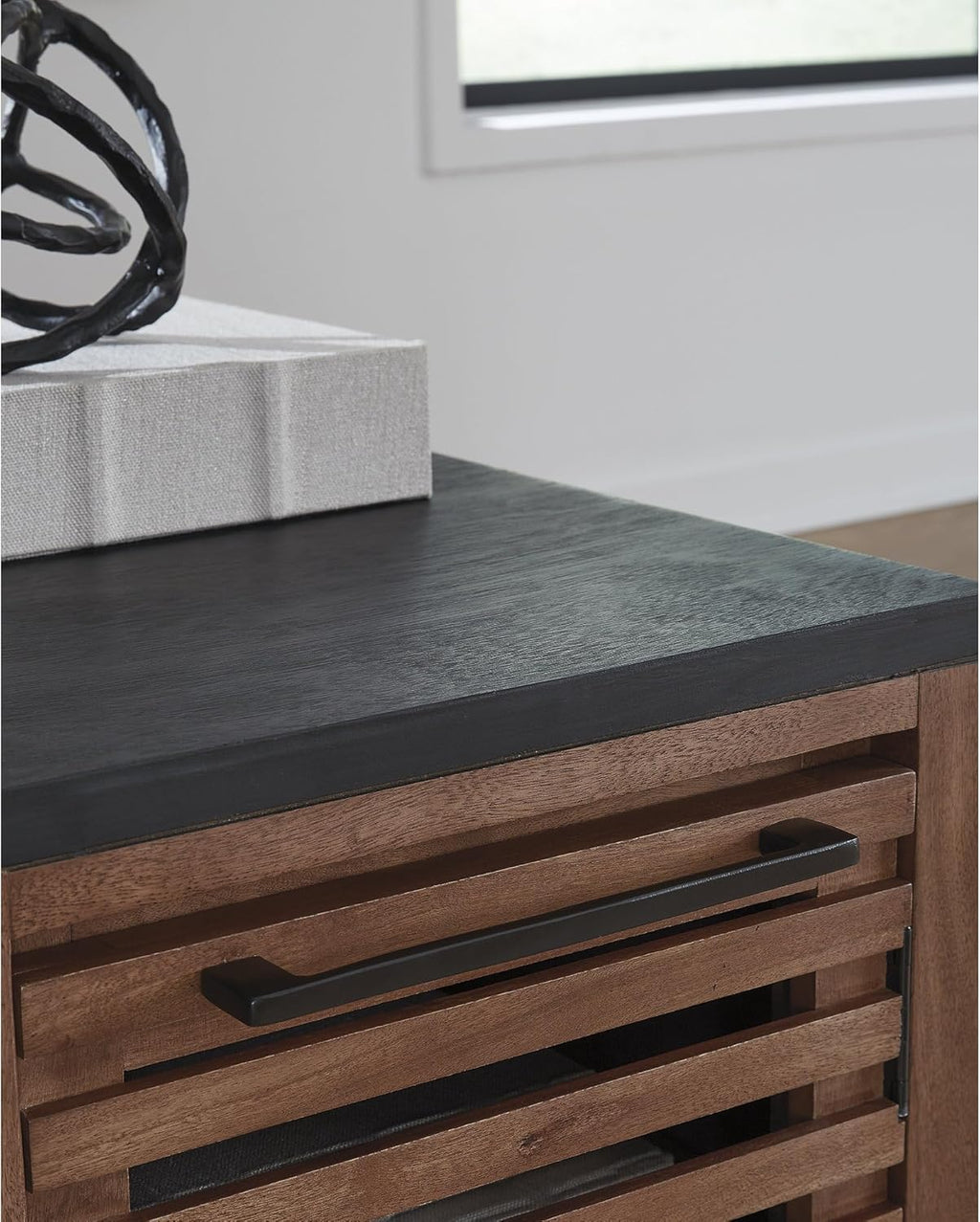 Signature Design by Ashley Kallari Industrial Chairside End Table with Cabinet and Shelf, Dark Brown & Black