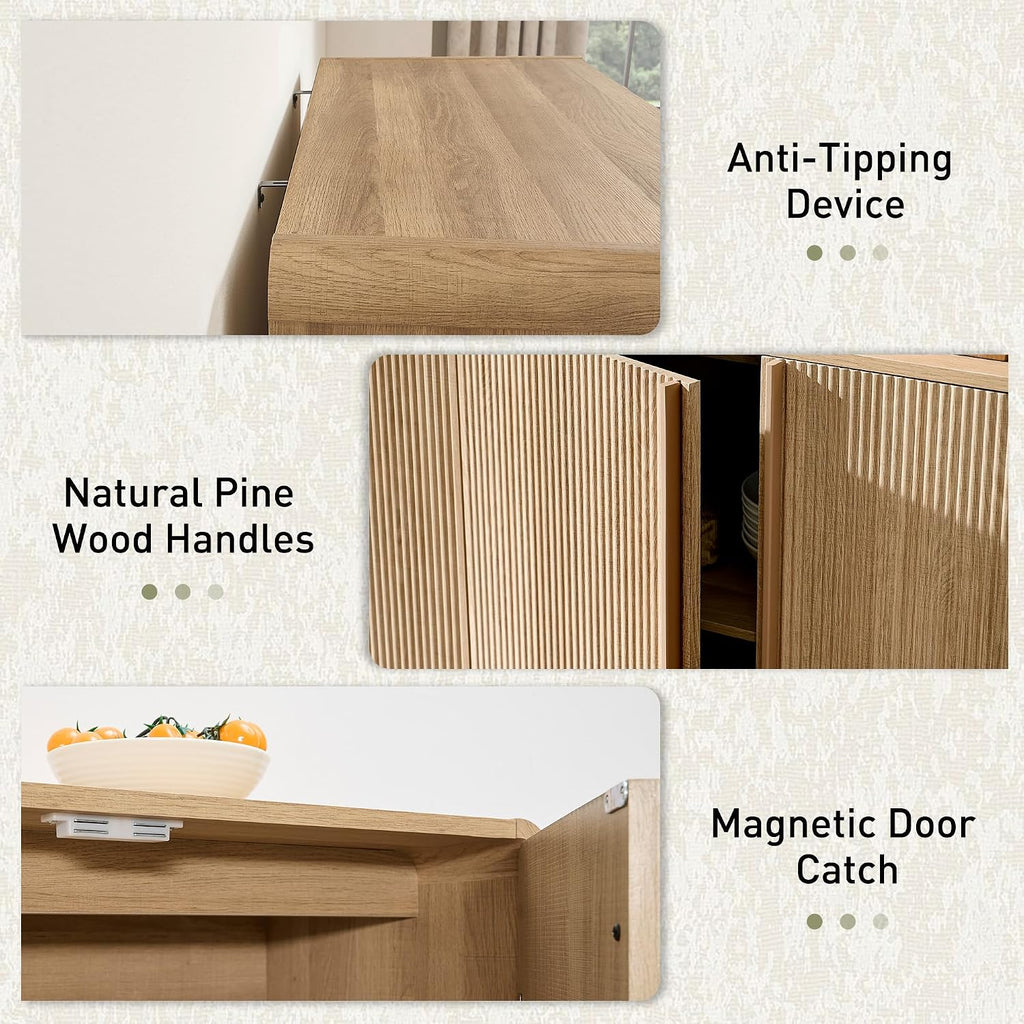 AMERLIFE 63" Fluted Sideboard Buffet Cabinet with Storage, Modern Credenza Console with 4 Doors & Adjustable Shelves, Wood Coffee Bar for Kitchen, Living Room, Hallway, Natural Oak
