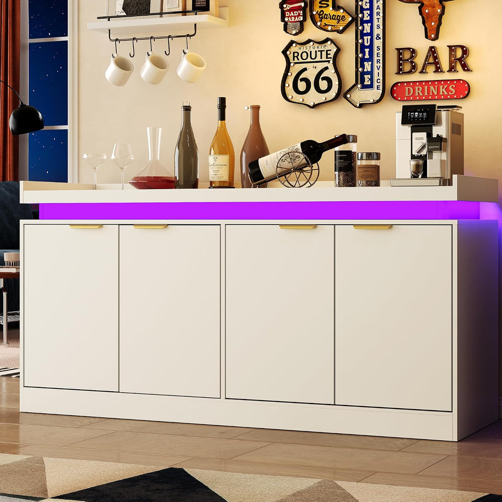 knoworld LED Sideboard Buffet Cabinet with Storage, 63'' Large Kitchen Buffet Cabinet Storage Cabinets with 4 Doors, Wood Coffee Bar Cabinets Buffet Table for Kitchen, Dining, White
