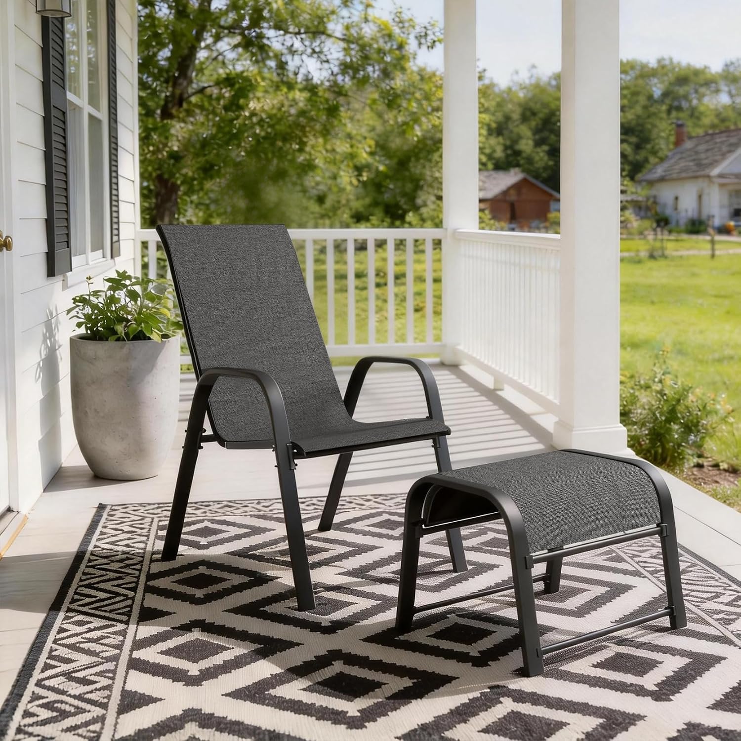 Outdoor Footstool Ottoman with Sturdy Metal Frame & Breathable Textilene Fabric, All-Weather Portable Footrest for Patio, Lawn, Garden, Poolside, Balcony, Camping, Porch & Indoor Use (1, black)