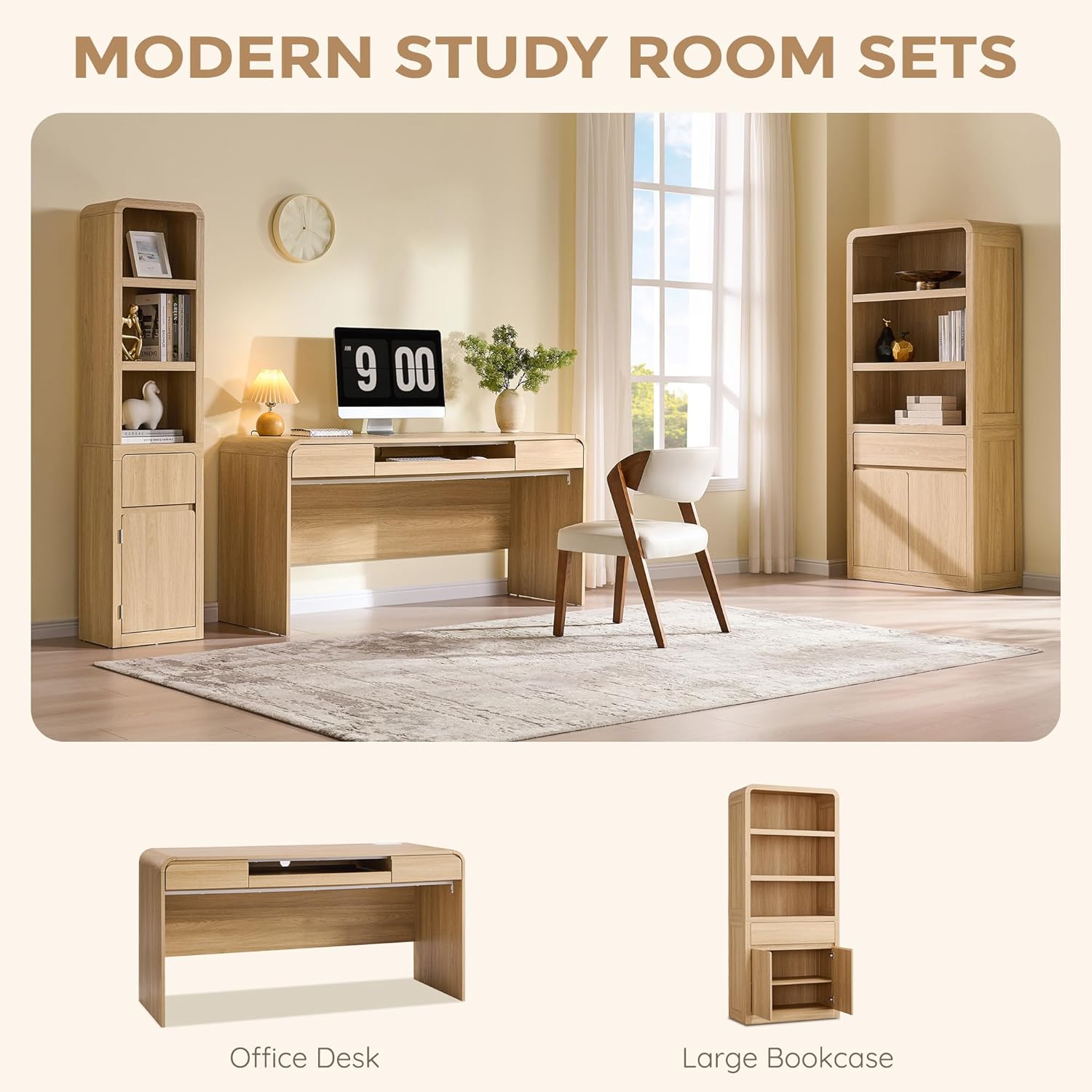 63" Modern Computer Desk with 2 Drawers, Wood Curved Executive Desk with Keyboard Tray & Power Outlet, Writing Desks with Storage for Home Office, Study Room, Living Room (Natural)