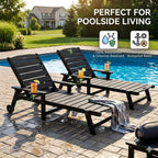 Outdoor Lounge Chair Set of 4 with 5-Position Adjustable, Outside Lounge Chair with Cup Holder, Wheels for Easy Mobility, HDPE Tanning Chair for Poolside, Patio, Black