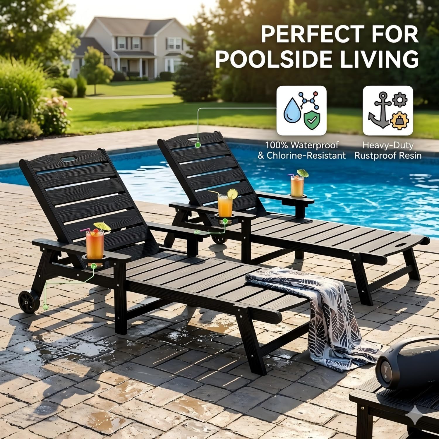 Outdoor Lounge Chair Set of 4 with 5-Position Adjustable, Outside Lounge Chair with Cup Holder, Wheels for Easy Mobility, HDPE Tanning Chair for Poolside, Patio, Black