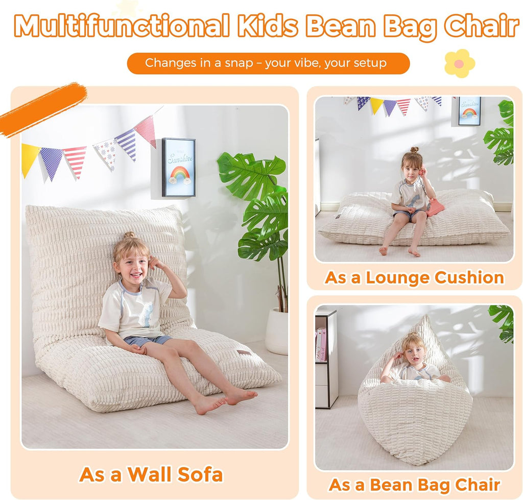 MAXYOYO Kids Bean Bag Chair, 3 in 1 Convertible Bean Bag Sofa with Removable Cover for Children, Soft Floor Lounger with Supportive Shredded Foam Filling, Floor Cushion Chair for Living Room, Playroom