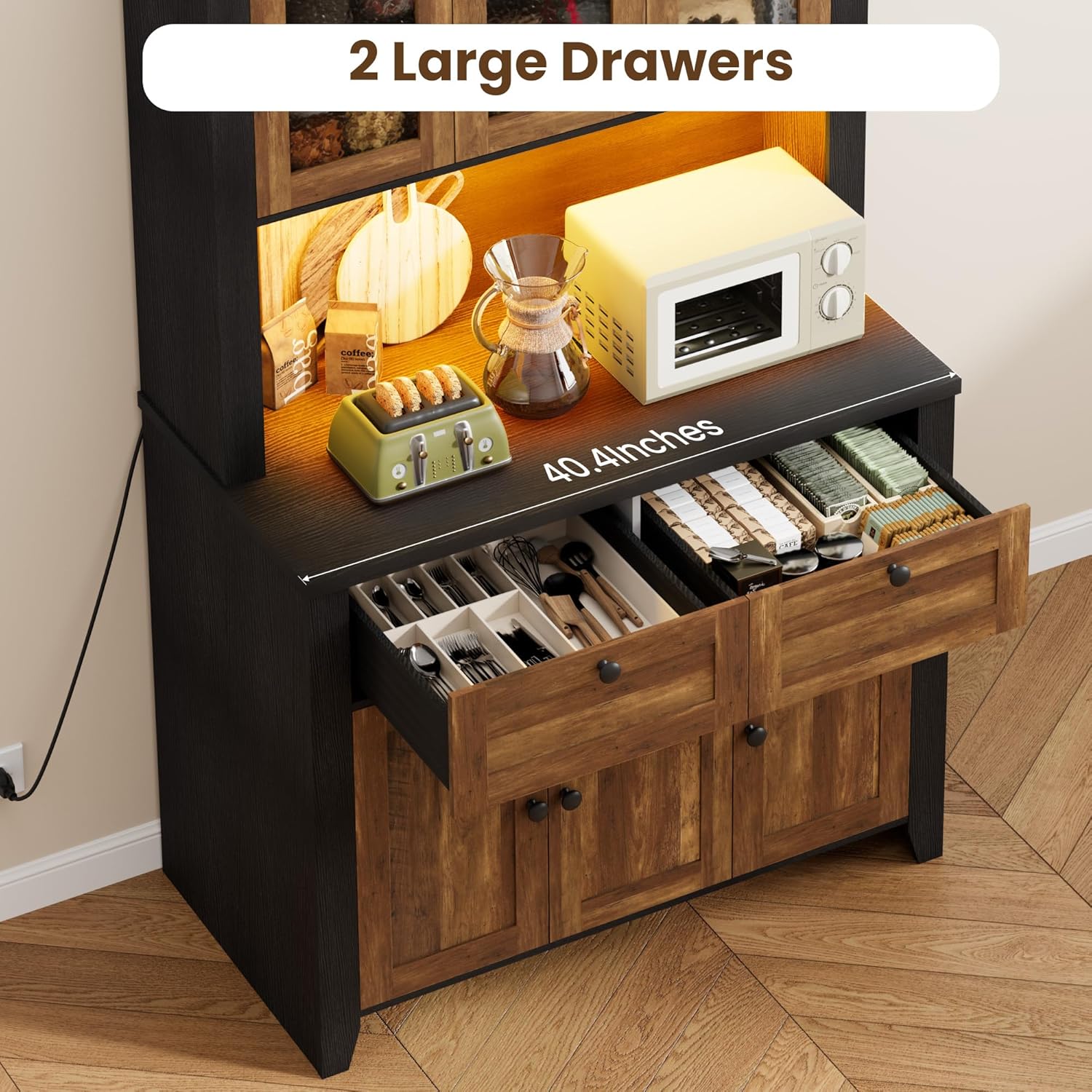 GarveeHome 66" Tall Pantry Cabinet with Power Outlet & LED Light, Kitchen Pantry Storage Cabinets with Countertop, Large Kitchen Hutch with Storage Drawers & Water Ripple Acrylic Panel Cabinet Door