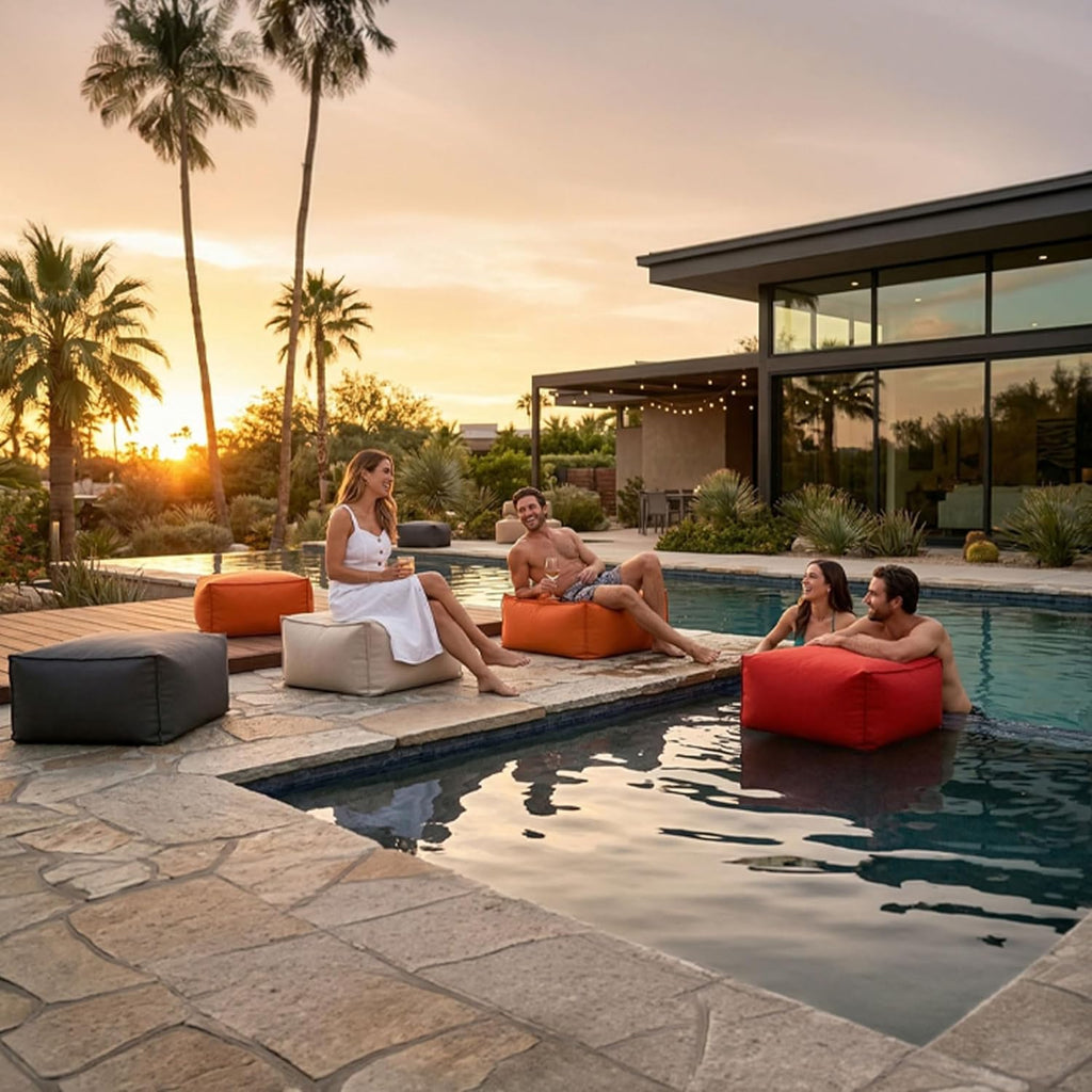 Gouchee Home Chamonix Rectangular Outdoor Pouf, Blue - Foot Stool, Stuffed Ottoman Bean Bag Chair - Plush, Stylish, Lightweight, and Comfortable Furniture Accessory with Water-Proof Fabric