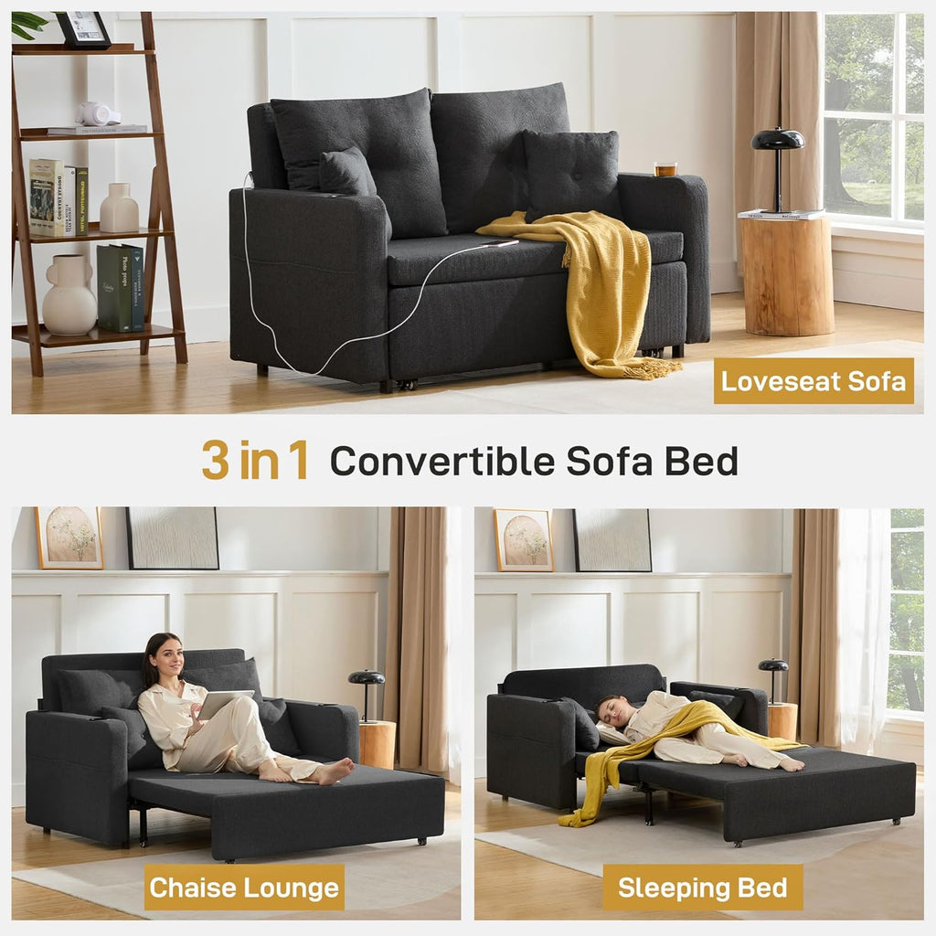 Busaurus Sleeper Sofa Bed, Convertible Pull Out Couch, 56" Full Size Loveseat Sleeper Sofa with 4 Pillows, Pocket & USB, Small Couch Bed for Small Spaces, Bedroom, Apartment, Living Room, Linen Black