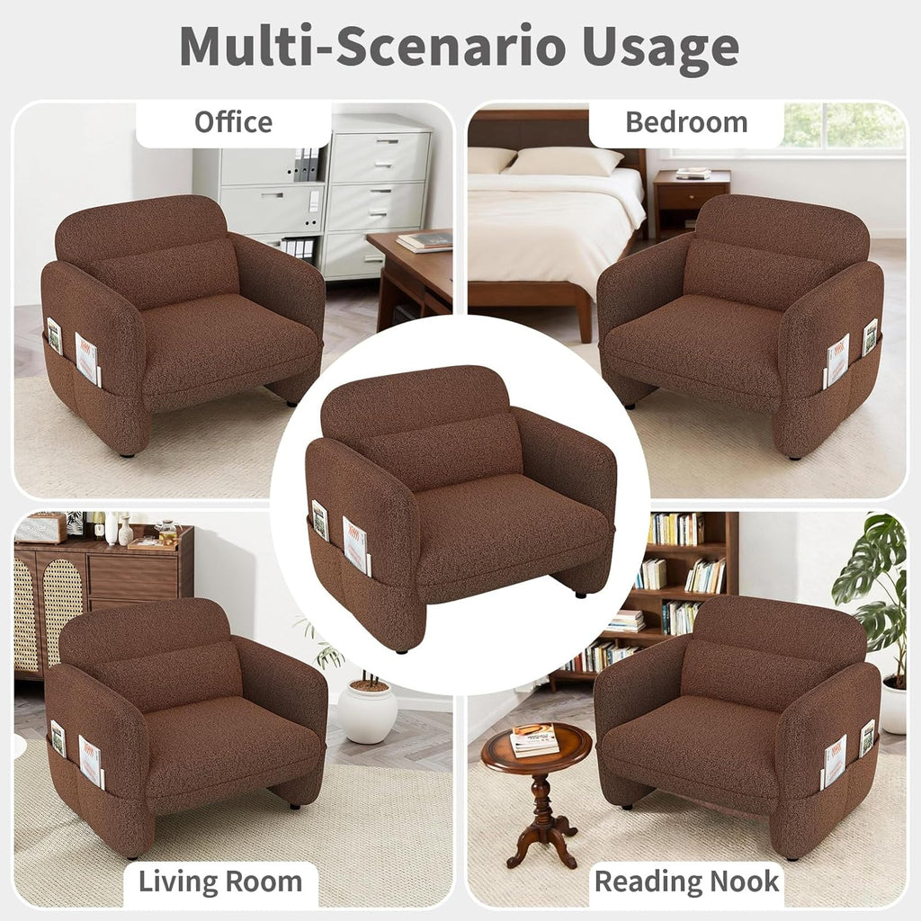 33.46" Accent Chairs Set of 2, Comfy Living Room Reading Chairs, Oversized Sherpa Lamb Lounge arm Chair with Waist Pillow for Bedroom and Living Room (Dark Brown)